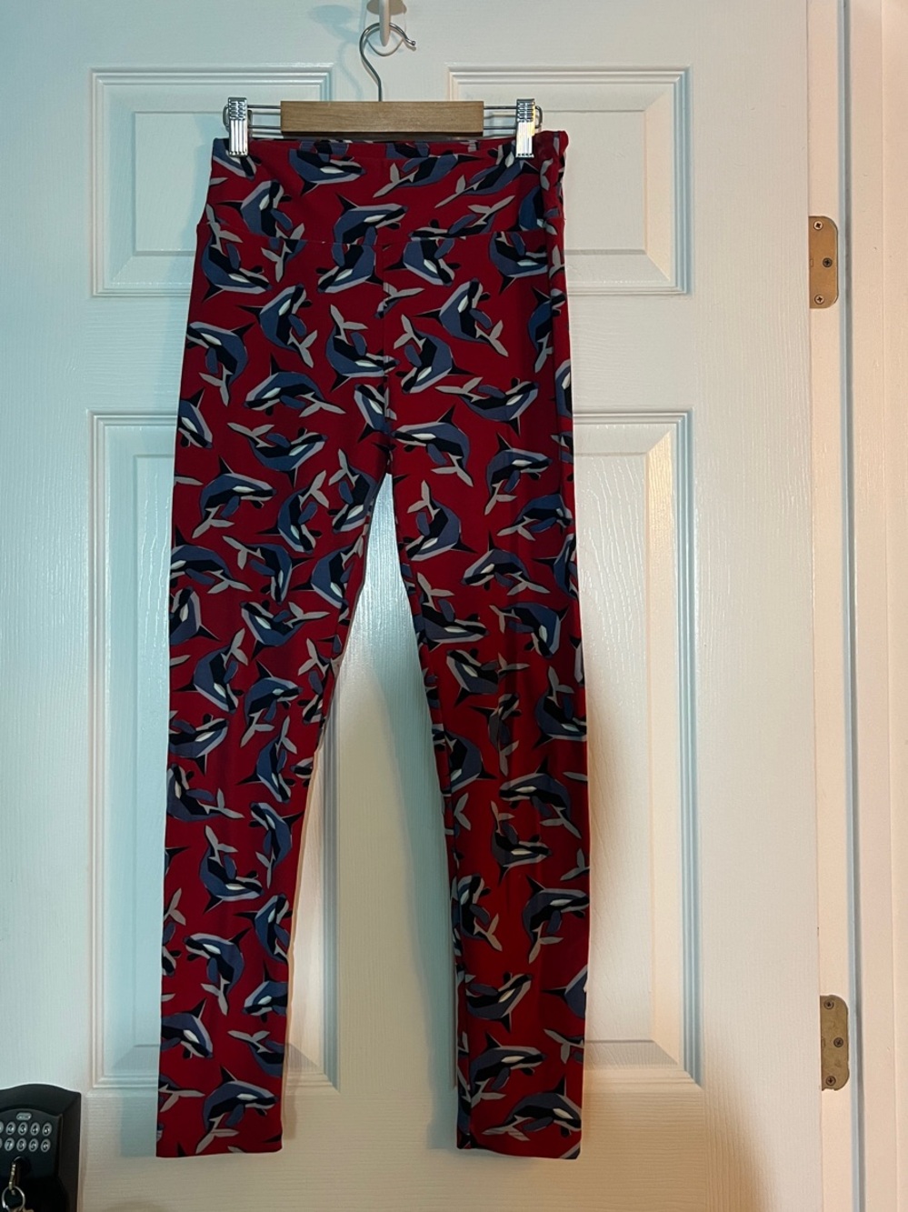 LuLaRoe Red Leggings with Navy & Gray Orca Print